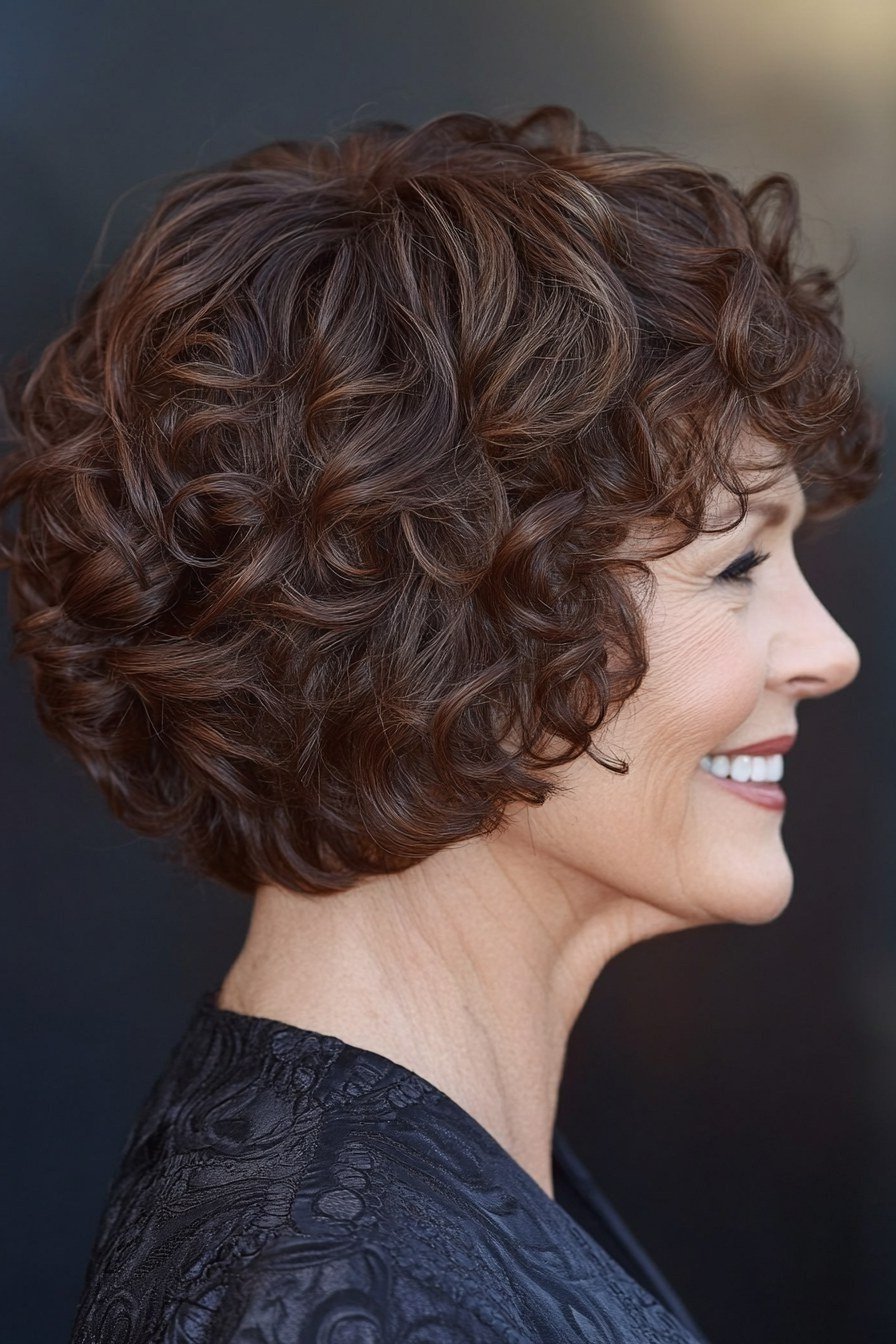 Chocolate Brown Curly Bob short haircut for women over 60 with thin curly hair