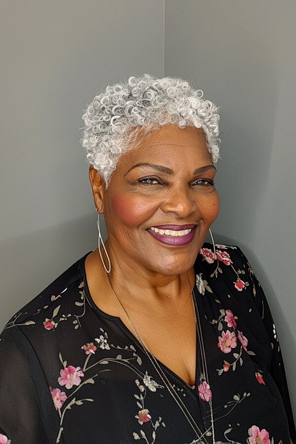 White Curly Crop with Natural Texture short haircut for women over 60 with thin curly hair