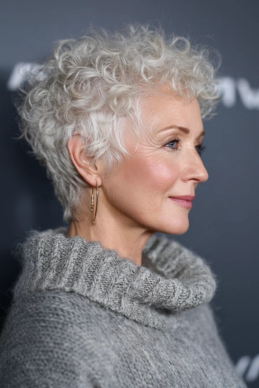 White Curly Pixie, Sleek and Chic short haircut for women over 60 with thin curly hair