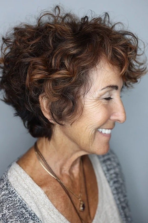 Brown Curly Shag with Soft Layers short haircut for women over 60 with thin curly hair