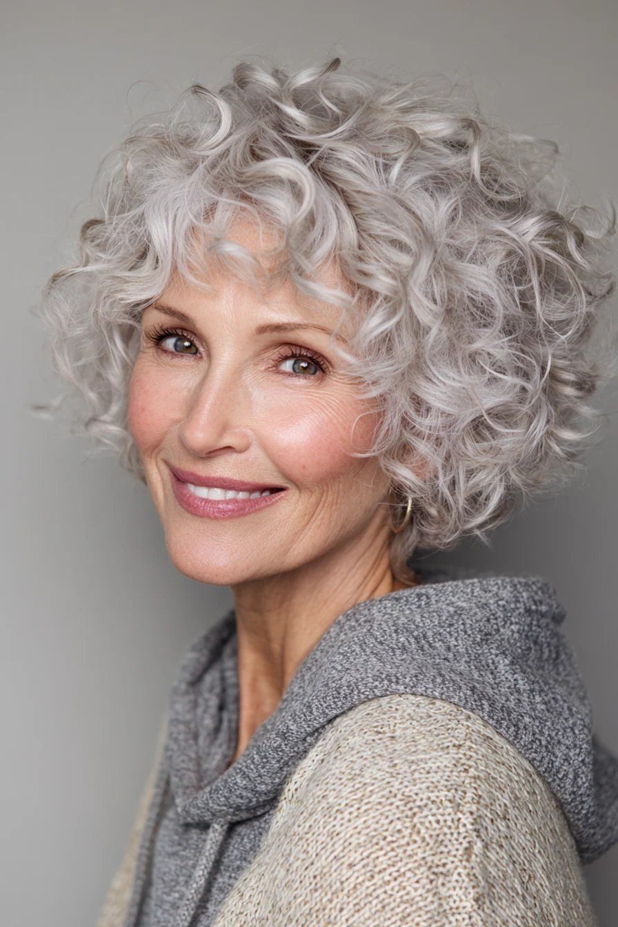 Silver Curly Crop, Soft and Full short haircut for women over 60 with thin curly hair