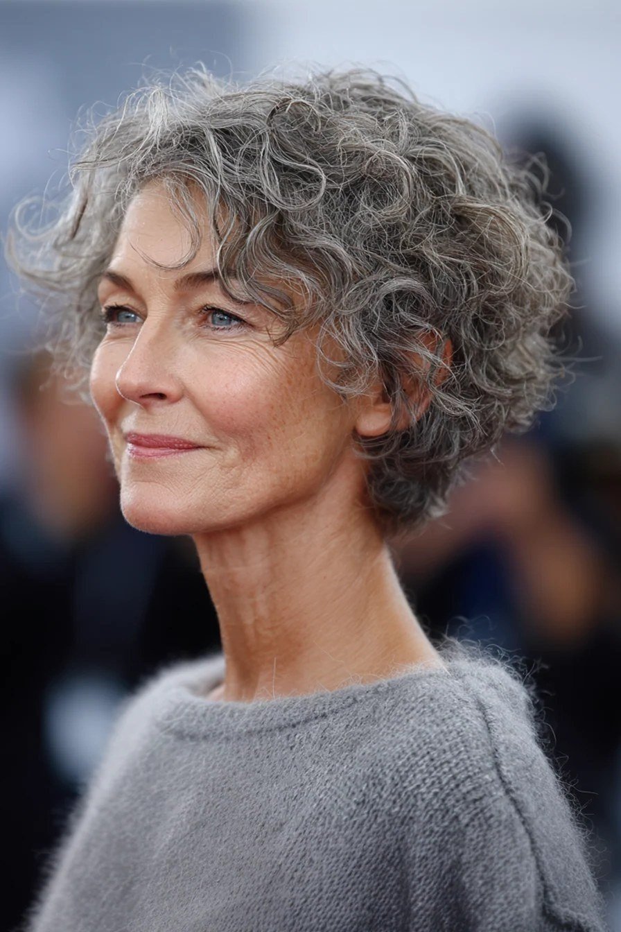 White Curly Crop with Gentle Height short haircut for women over 60 with thin curly hair