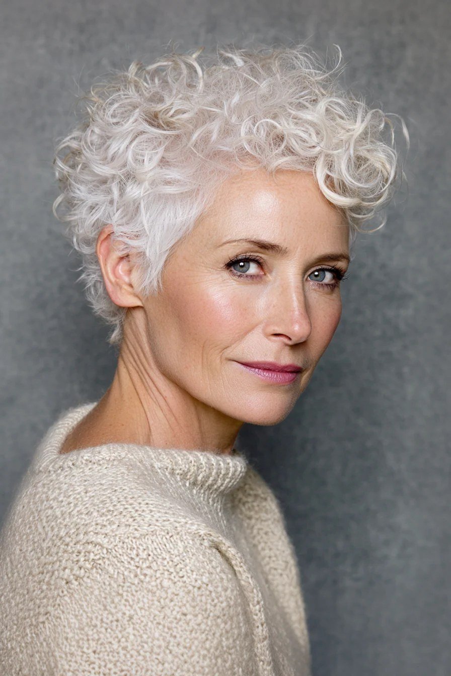 Pastel Pink Curly Bob short haircut for women over 60 with thin curly hair
