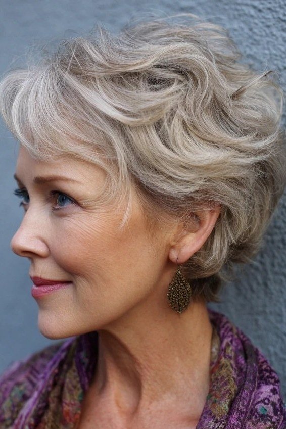 Silver Curly Bob with Lifted Roots short haircut for women over 60 with thin curly hair