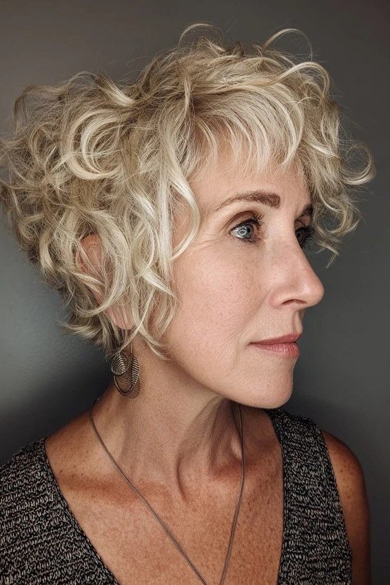 Blonde Curly Bob with Curly Bangs short haircut for women over 60 with thin curly hair