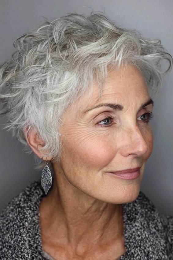 Silver Curly Pixie with Feathered Texture short haircut for women over 60 with thin curly hair