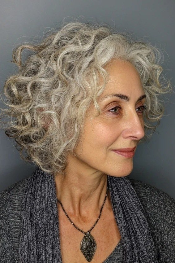 Grey Curly Bob with Soft Waves short haircut for women over 60 with thin curly hair