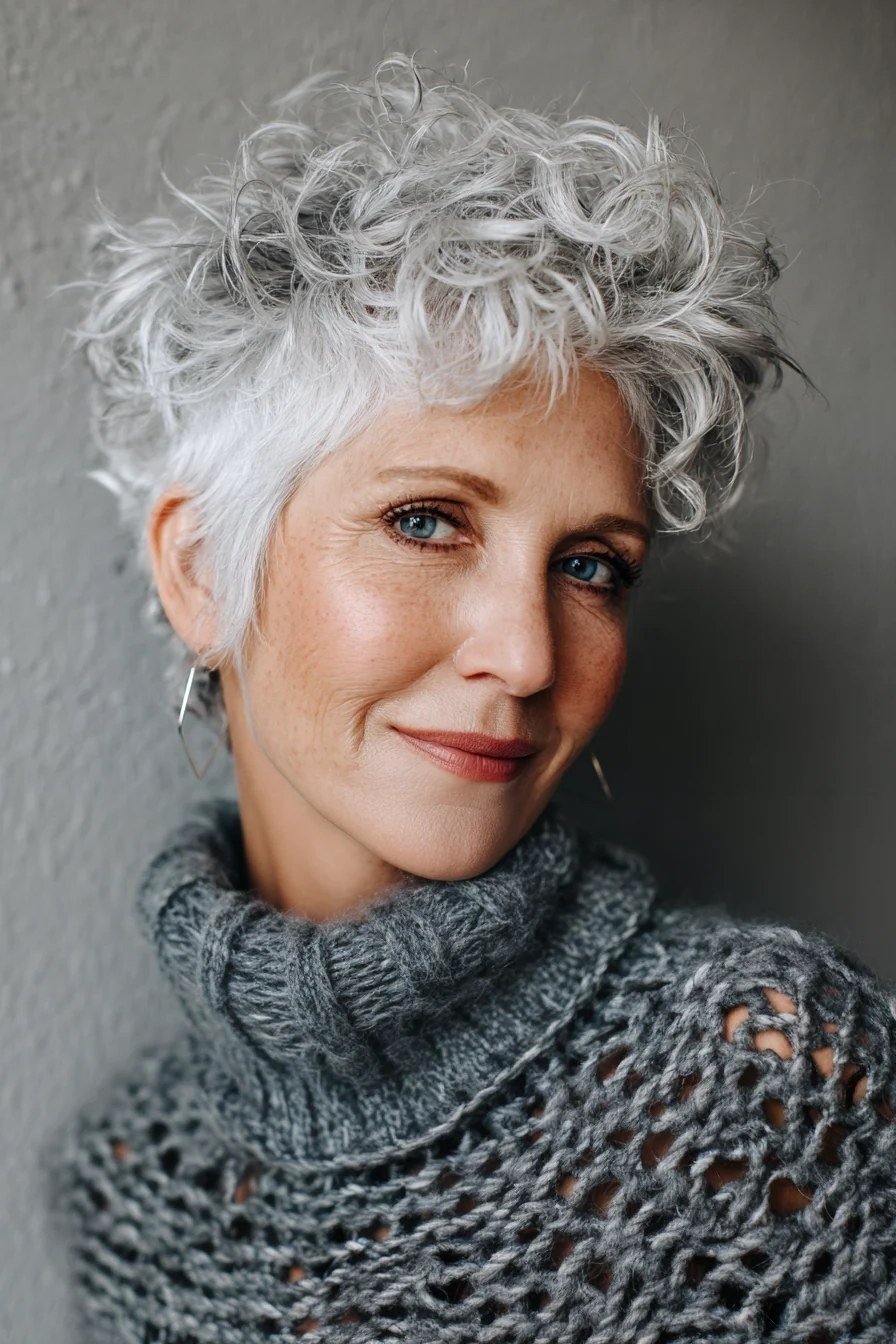 White Curly Pixie with Piecey Top short haircut for women over 60 with thin curly hair