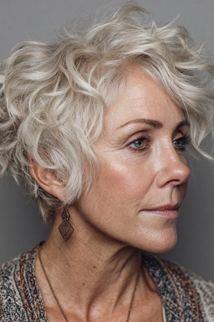 White Curly Shag with Side Part short haircut for women over 60 with thin curly hair