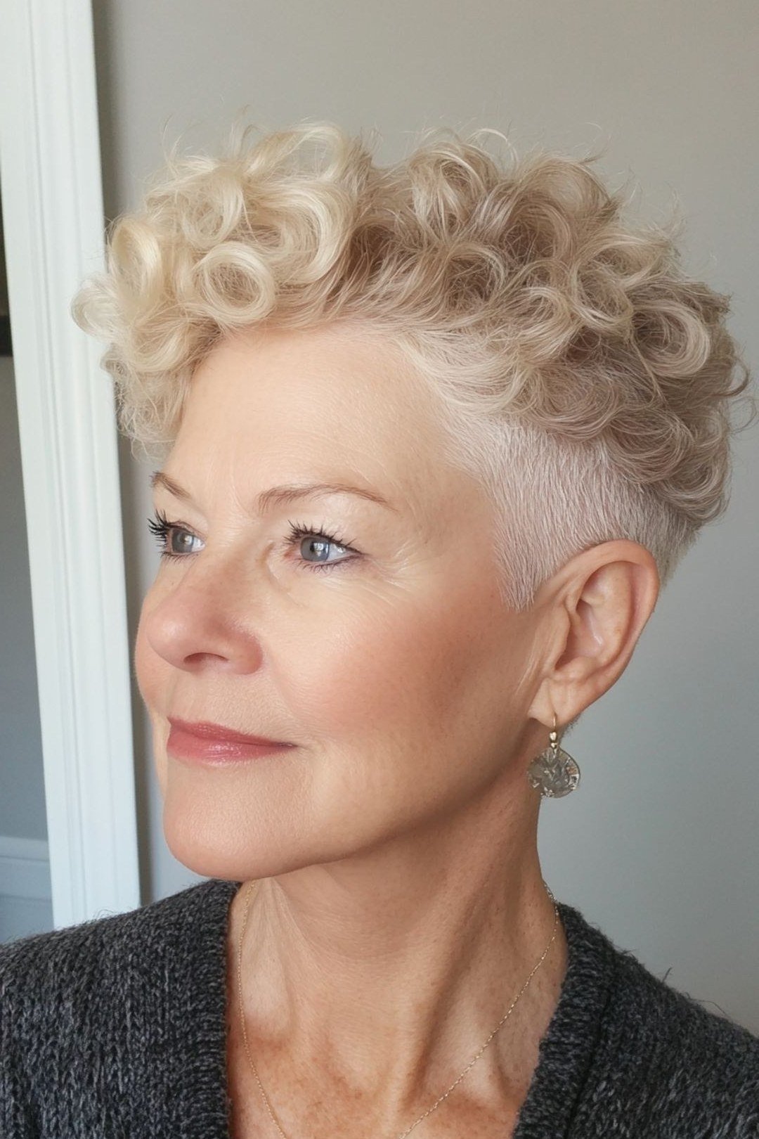 Blonde Curly Crop with Faded Sides short haircut for women over 60 with thin curly hair