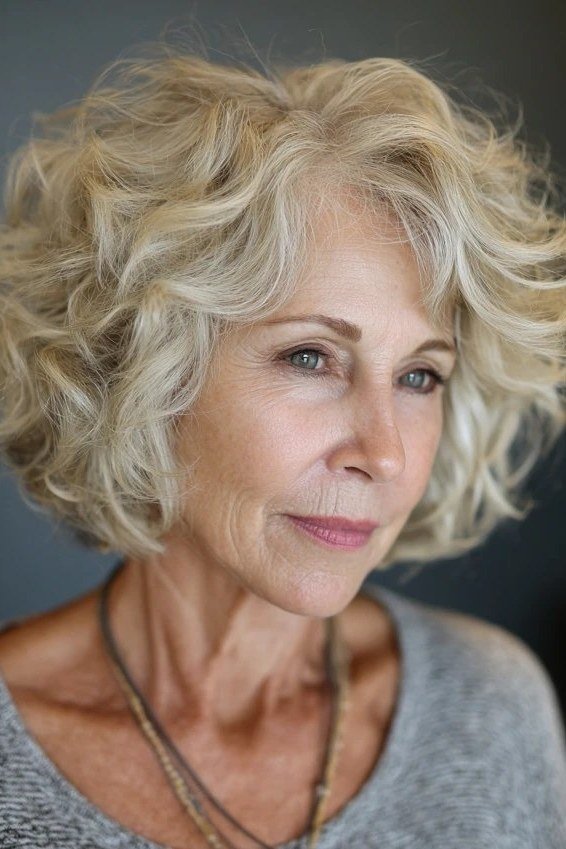 Grey Curly Rounded Bob short haircut for women over 60 with thin curly hair