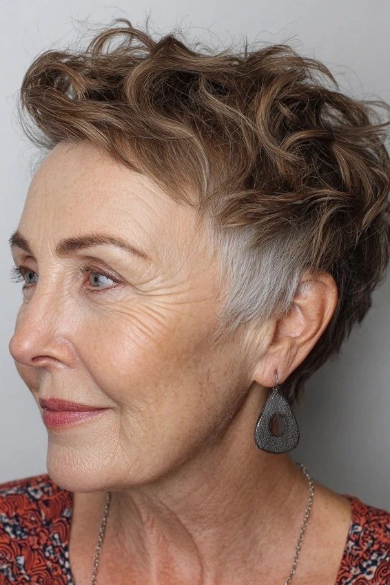 Grey Curly Pixie with Glasses Appeal short haircut for women over 60 with thin curly hair