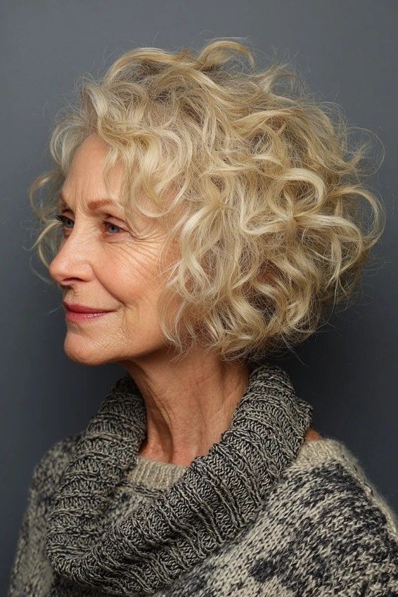 Blonde Curly Bob with Lifted Crown short haircut for women over 60 with thin curly hair
