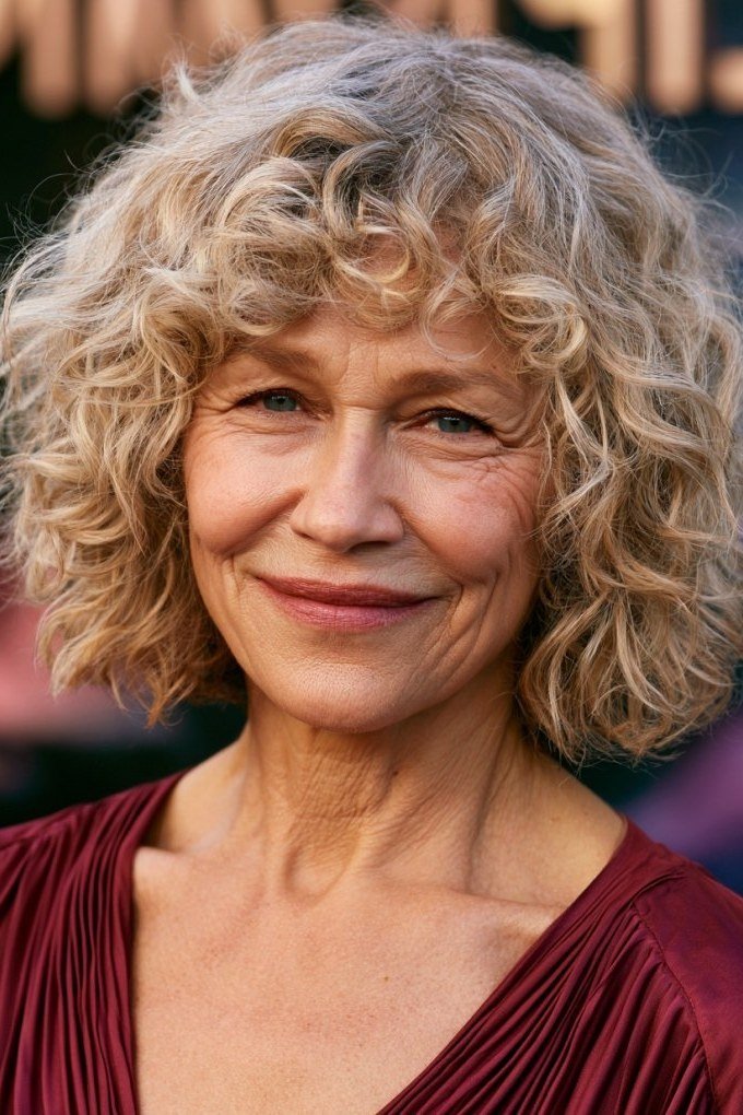 Blonde Curly Bob, Bouncy and Bright short haircut for women over 60 with thin curly hair