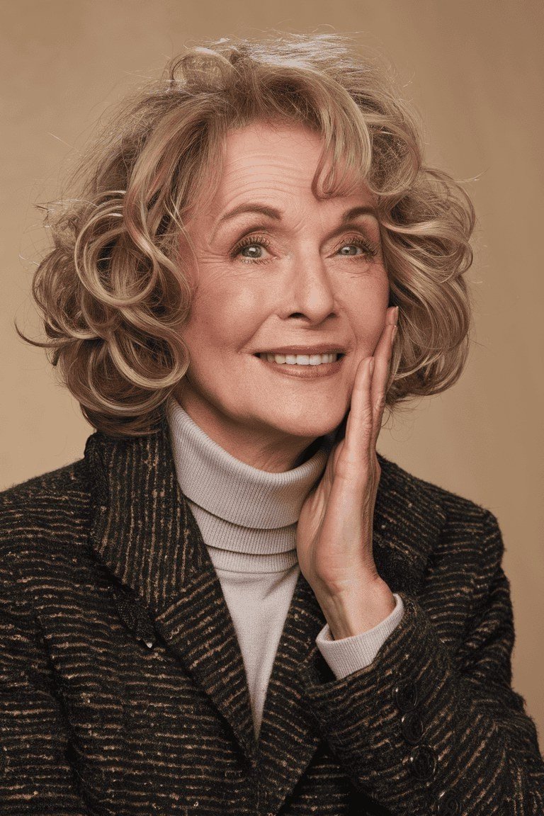 Blonde Curly Bob in Warm Tones short haircut for women over 60 with thin curly hair