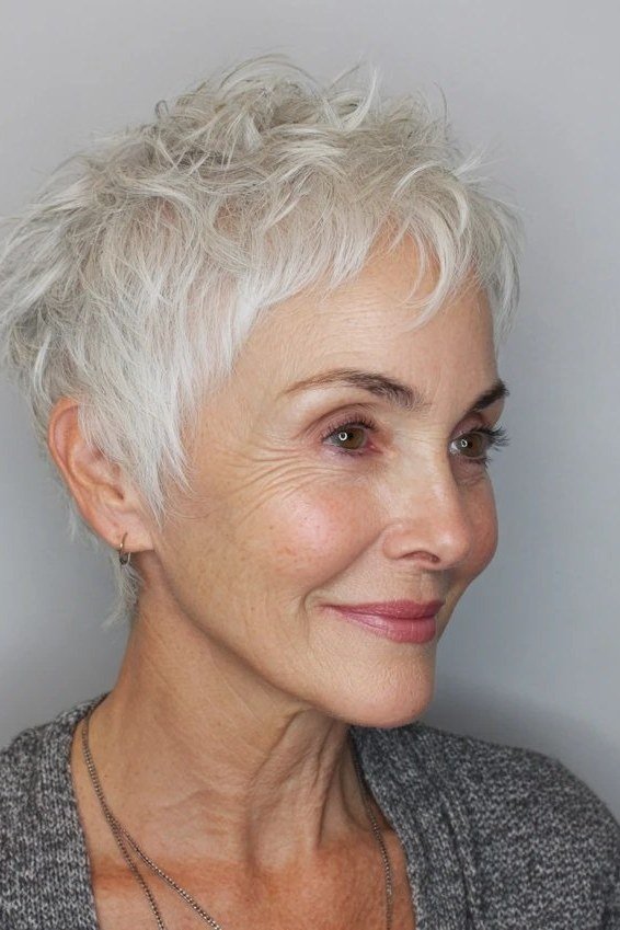 White Curly Pixie, Short and Chic short haircut for women over 60 with thin curly hair