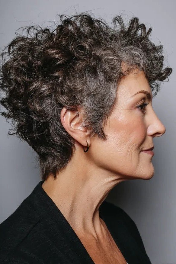 Dark Curly Crop with Tight Curls short haircut for women over 60 with thin curly hair