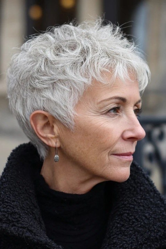 White Curly Pixie with Textured Top short haircut for women over 60 with thin curly hair