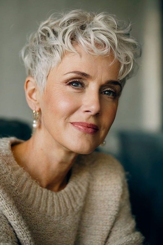 White Curly Pixie with a Smile short haircut for women over 60 with thin curly hair