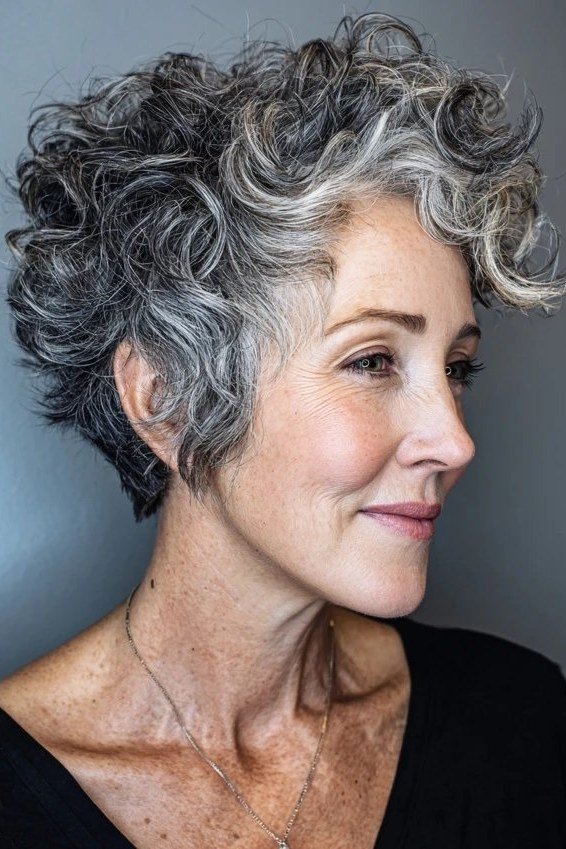 Grey Curly Pixie with Shaggy Layers short haircut for women over 60 with thin curly hair