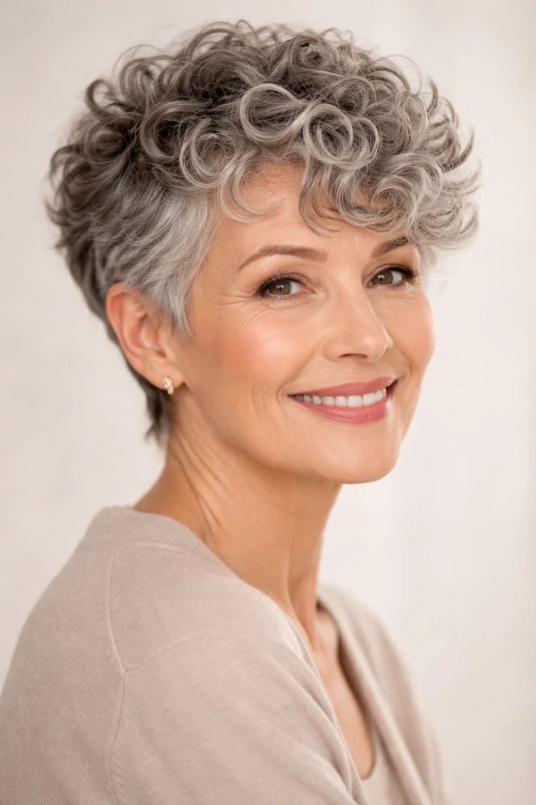 Grey Curly Crop with Neat Sides short haircut for women over 60 with thin curly hair