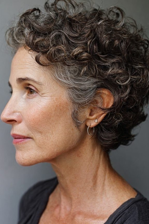 Dark Curly Bob with Rich Color short haircut for women over 60 with thin curly hair