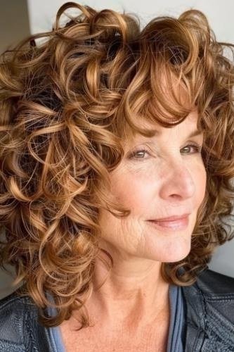 Copper Curly Bob with Curly Bangs short haircut for women over 60 with thin curly hair