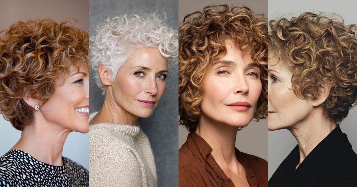 Collage of short curly haircuts for women over 60 with thin curly hair