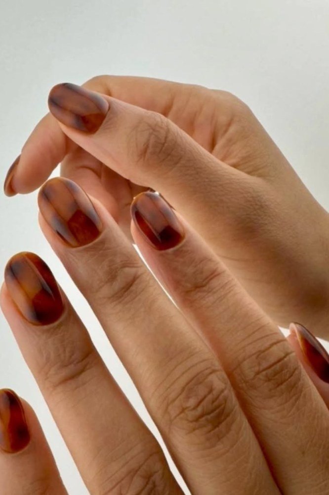 Tortoiseshell nail design: Short Squoval Tortoise with Espresso Solids for women over 50