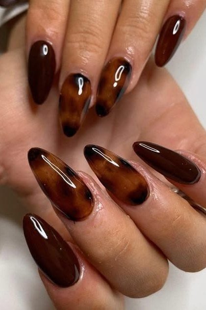 Tortoiseshell nail design: Espresso and Tortoise Long Almond Nails for women over 50