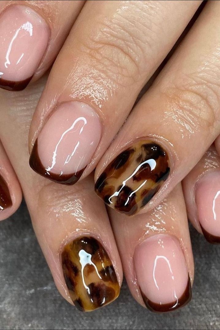 Tortoiseshell nail design: Tortoise French Tips on Milky Pink for women over 50