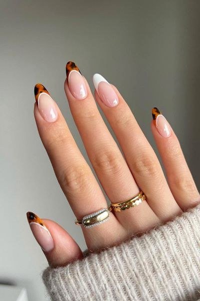 Tortoiseshell nail design: Almond Tortoise French Tips for women over 50