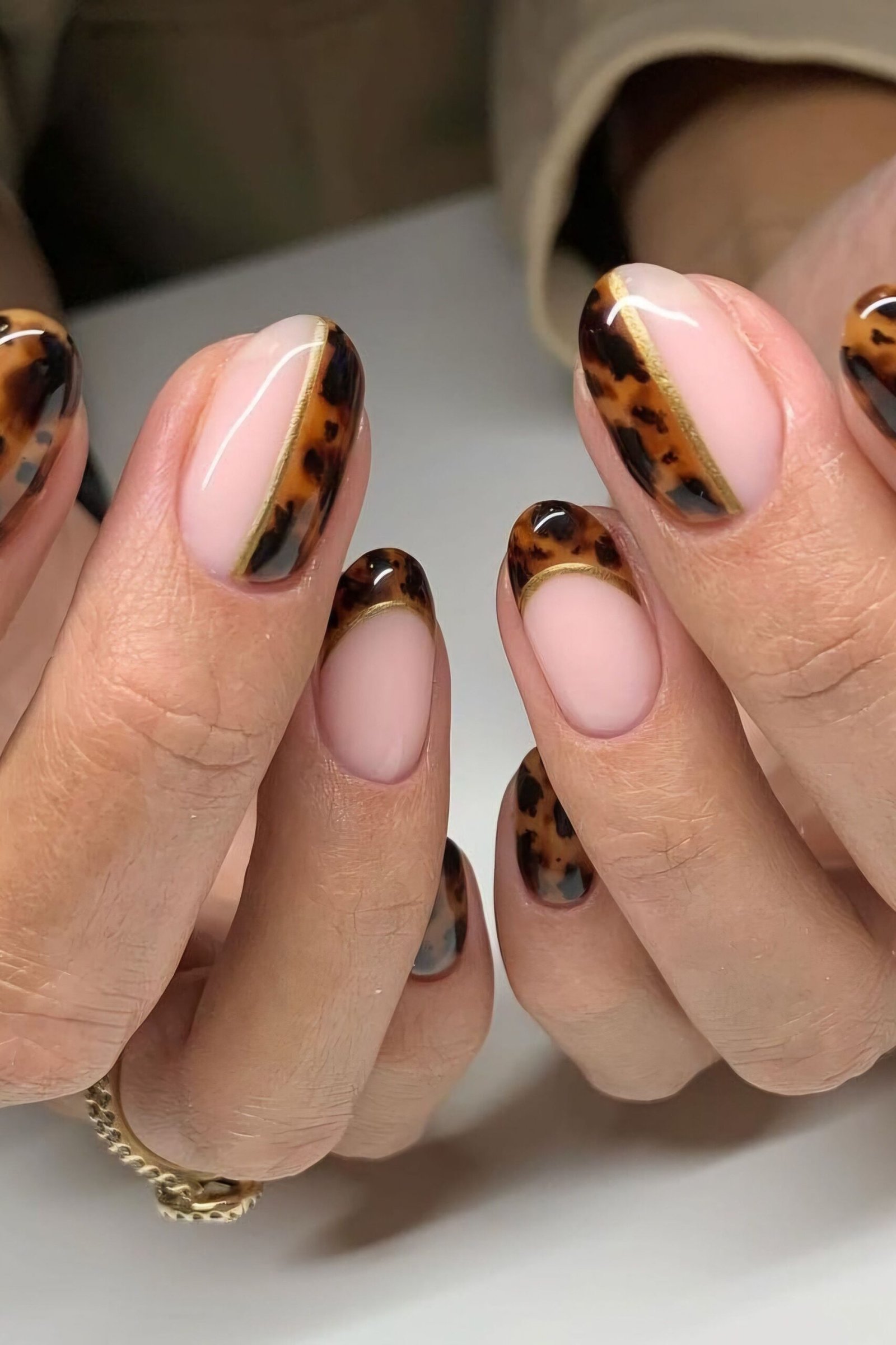 Tortoiseshell nail design: Short Almond Tortoise French for women over 50
