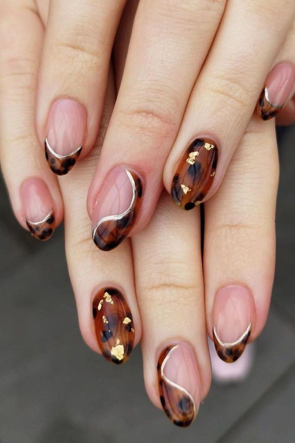 Tortoiseshell nail design: Tortoise French with Gold Lines for women over 50