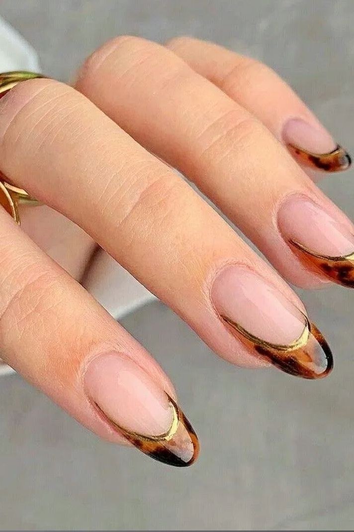 Tortoiseshell nail design: Almond Tortoise French with Gold Tips for women over 50