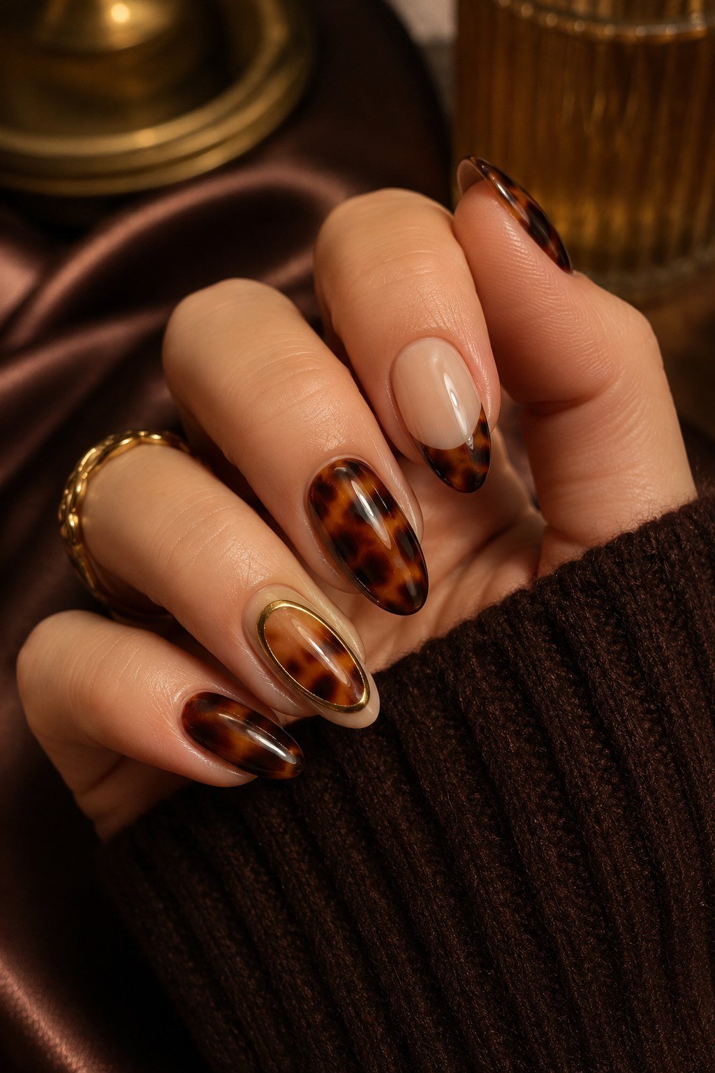 Tortoiseshell nail design: Short Tortoise French in a Sweater for women over 50