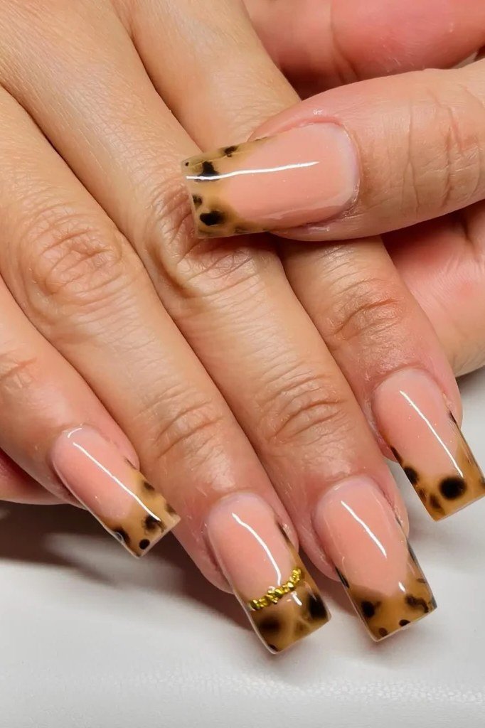 Tortoiseshell nail design: Nude Square Nails with Tortoise Tips and Gold for women over 50
