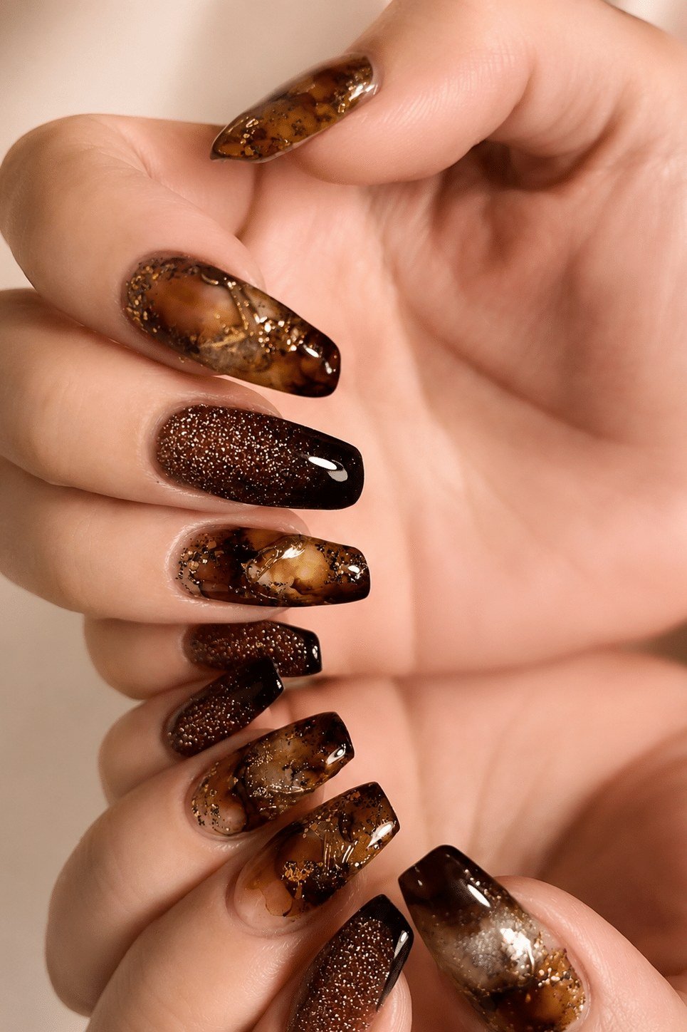 Tortoiseshell nail design: Glitter-Brown Tortoise Marble for women over 50