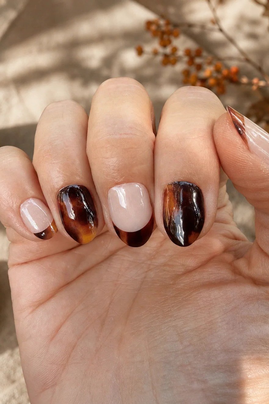 Tortoiseshell nail design: Half-and-Half Tortoise Squoval for women over 50