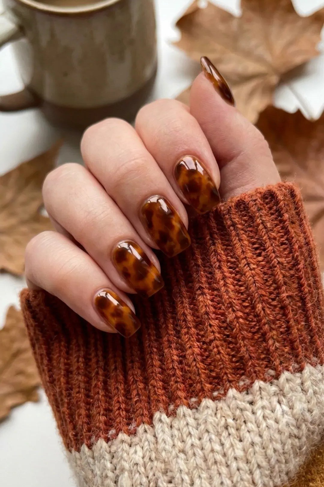 Tortoiseshell nail design: Fall Coffee Tortoise Almond for women over 50