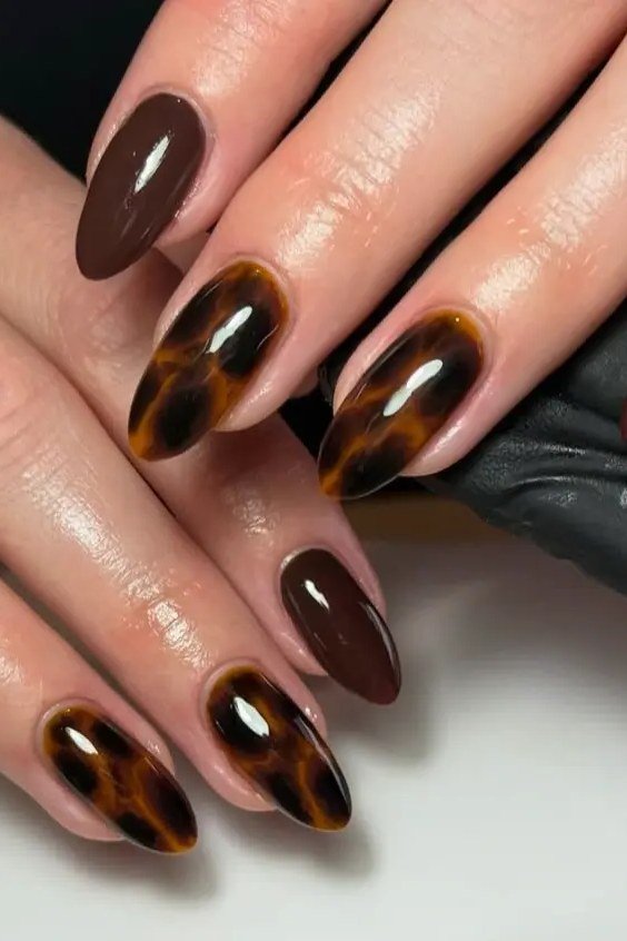 Tortoiseshell nail design: Long Almond Tortoise and Chocolate for women over 50