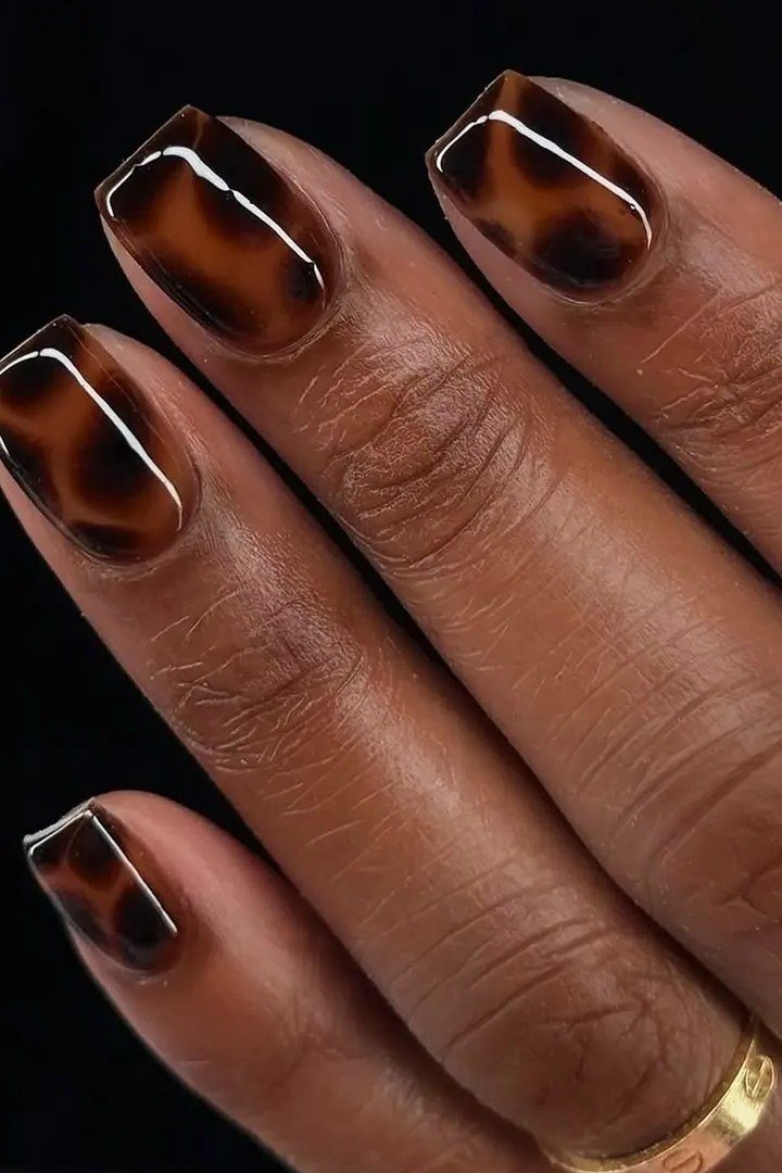Tortoiseshell nail design: Chocolate Tortoise Squoval on Deep Skin for women over 50