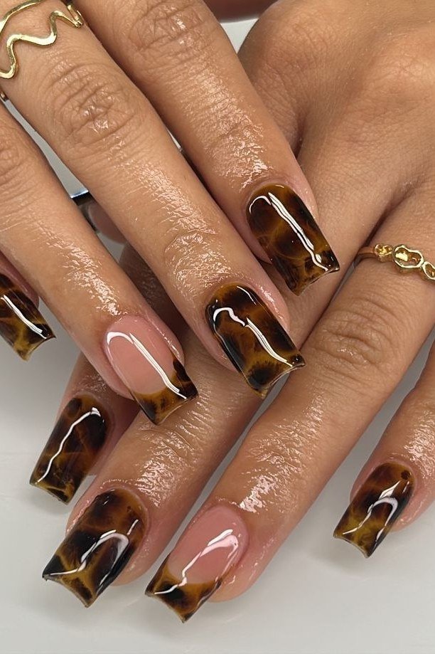 Tortoiseshell nail design: Long Square Tortoise with Gold Rings for women over 50