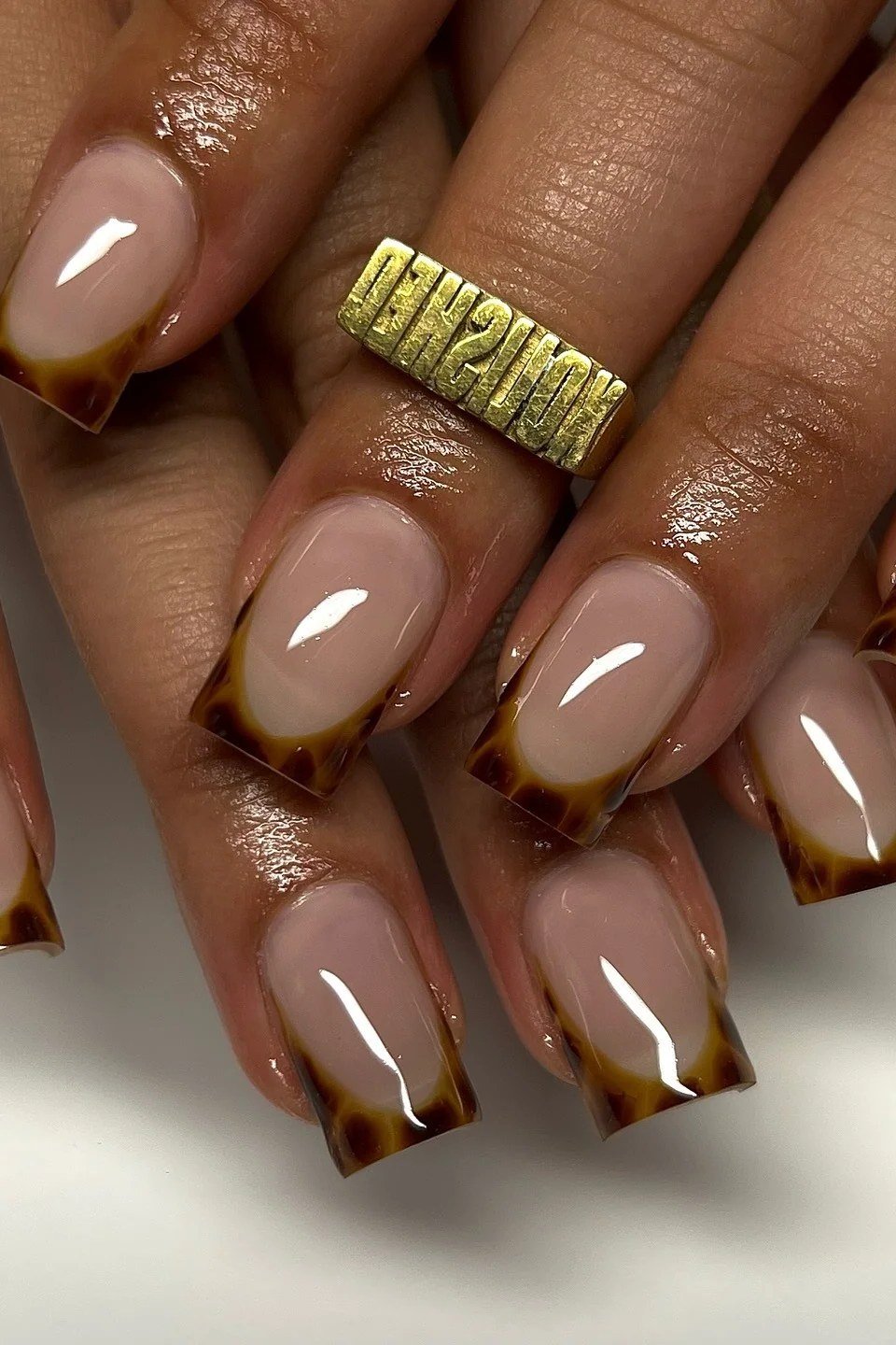 Tortoiseshell nail design: Square Tortoise French with Gold for women over 50