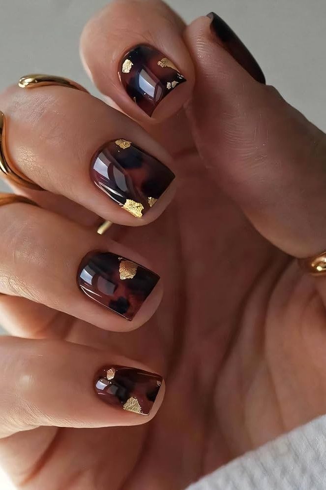 Tortoiseshell nail design: Tortoise with Gold Foil Flecks for women over 50