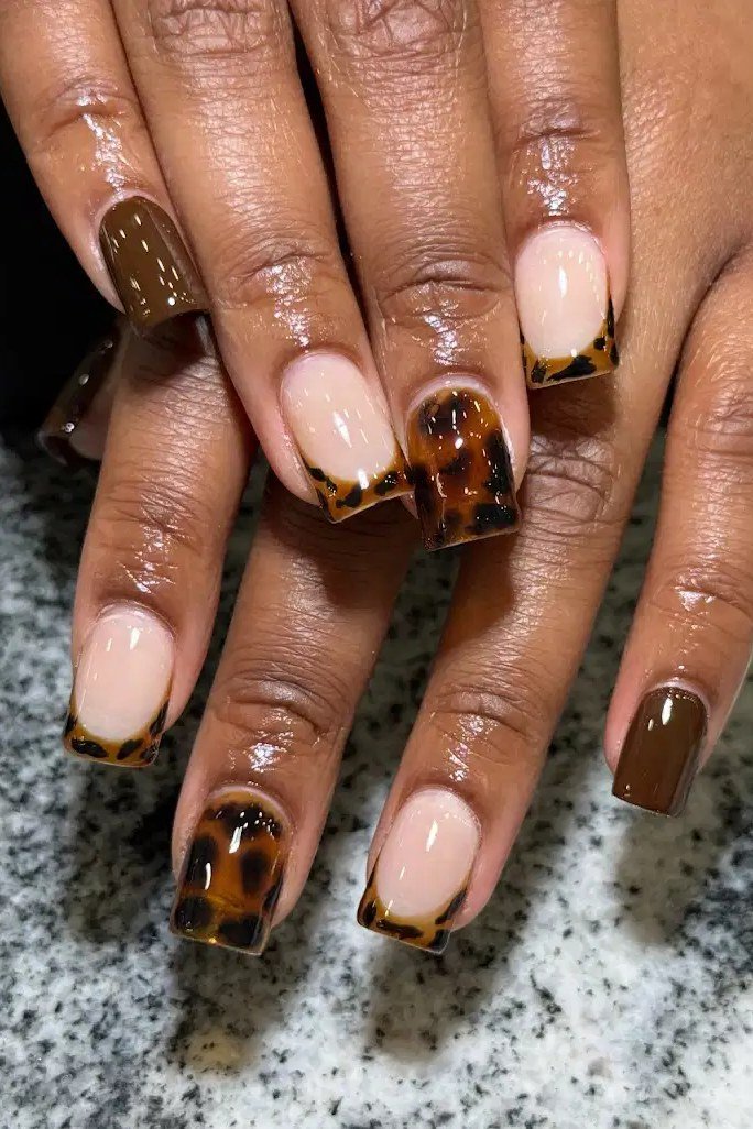 Tortoiseshell nail design: Square Tortoise with Nude on Deep Skin for women over 50