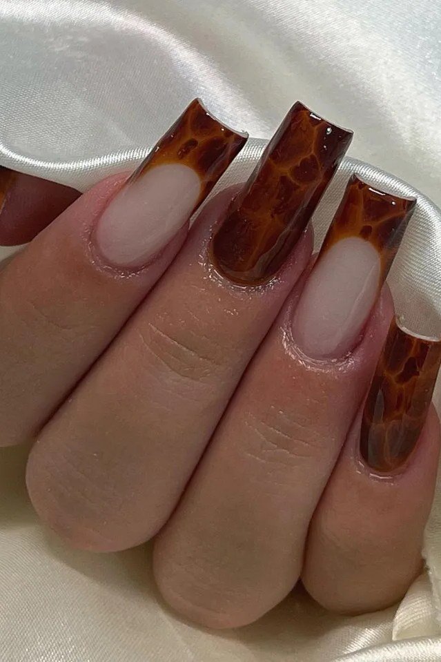 Tortoiseshell nail design: Square Tortoise French on Nude for women over 50