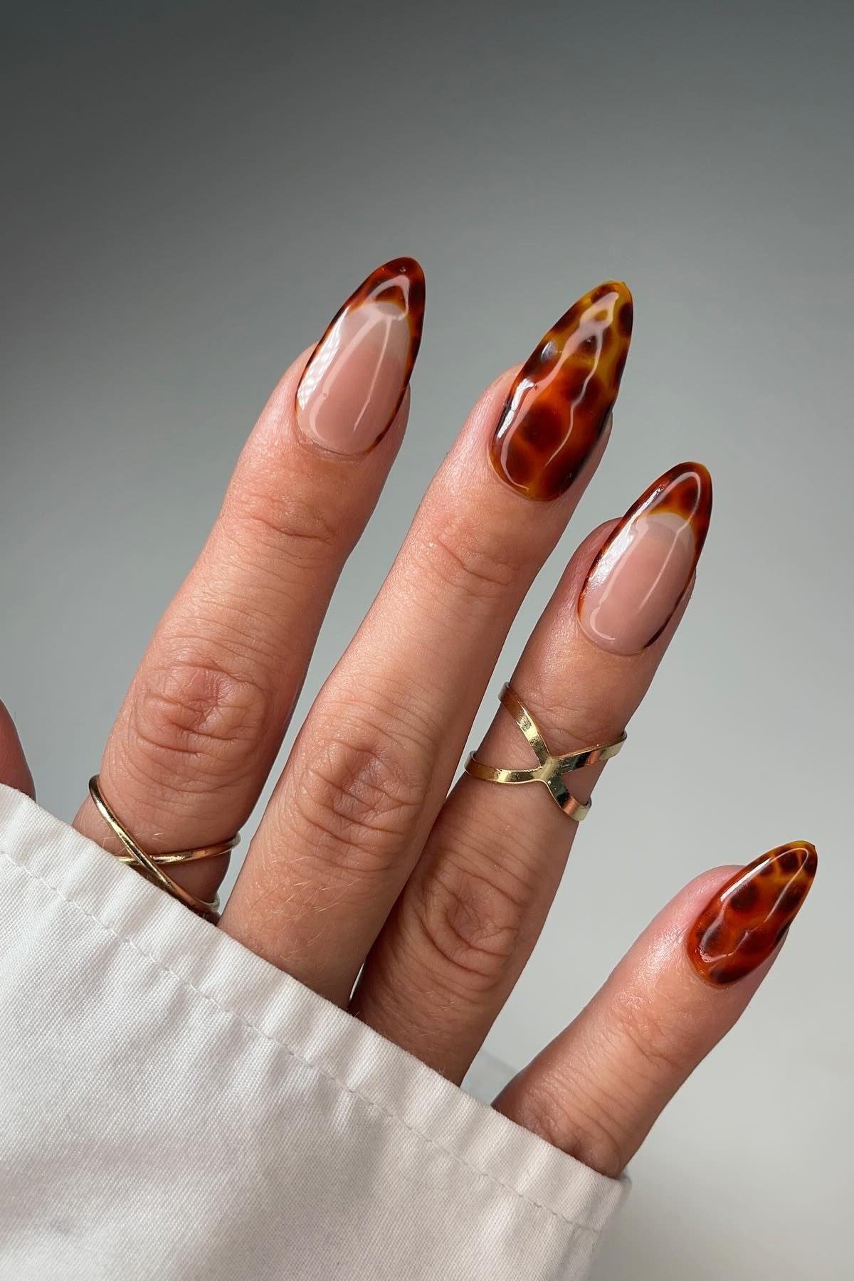 Tortoiseshell nail design: Long Almond Tortoise Tips for women over 50