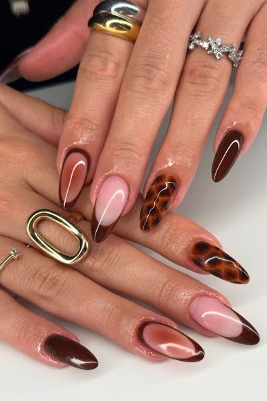 Tortoiseshell nail design: Long Almond Tortoise with Nude for women over 50