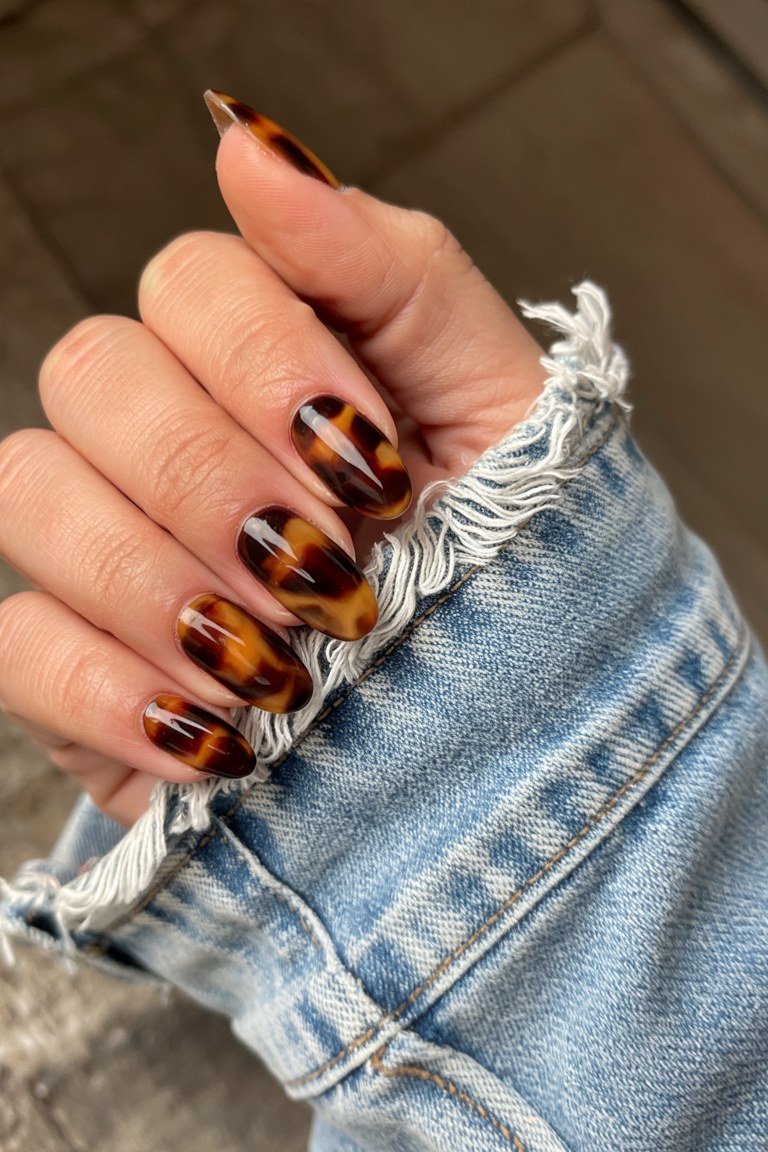 Tortoiseshell nail design: Short Almond Tortoise in Denim for women over 50